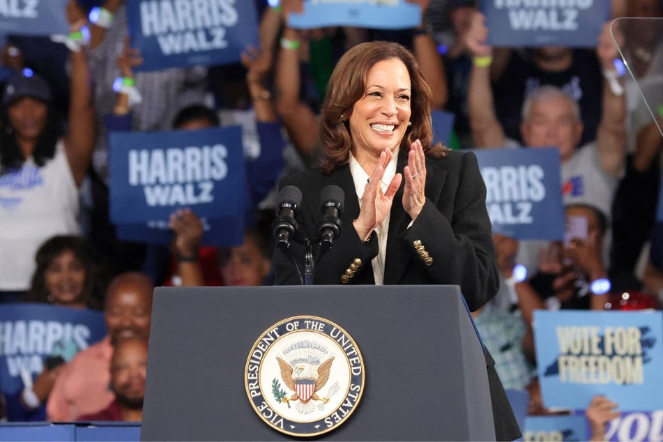 Kamala Harris speaking during a campaign rally at the Williams Arena at Minges Coliseum in Greenville, North Carolina on October 13, 2024.