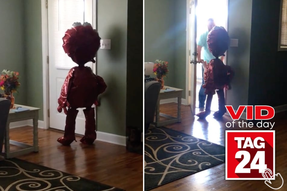 Today's Viral Video of the Day features a woman who scared her husband with a human-sized balloon!