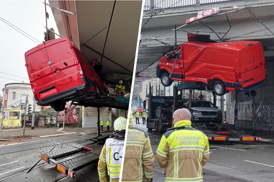 Kurioser Crash in Dresden: Transporter baumelt an Unterführung