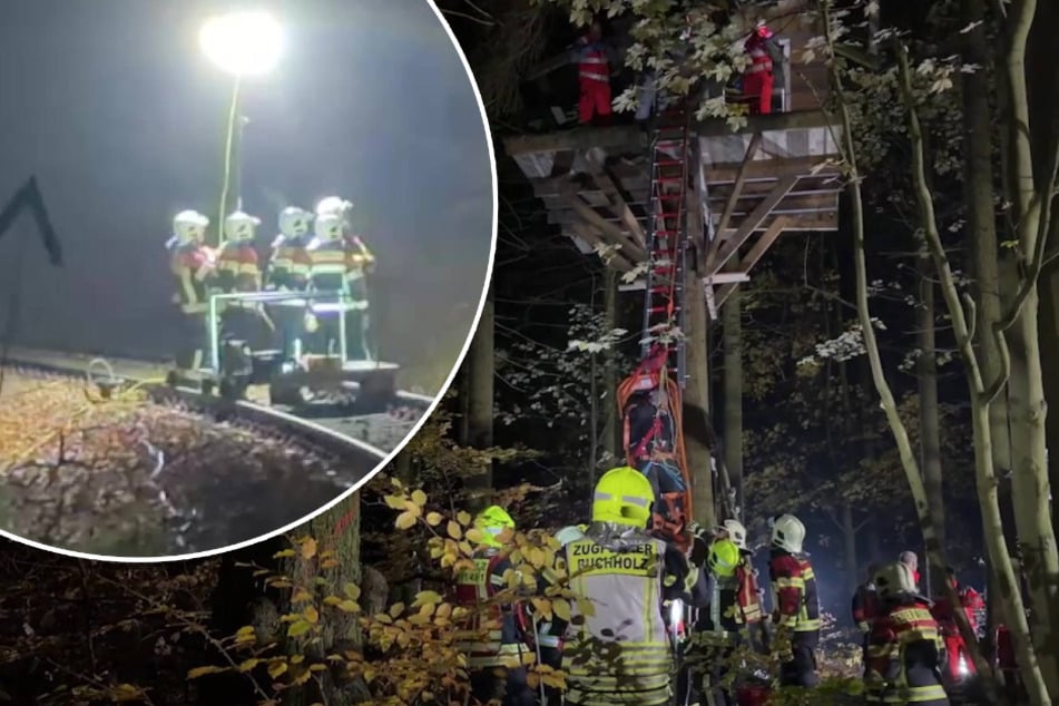 Irrer Rettungseinsatz: Suff-Mann sitzt in Baumhaus fest, Feuerwehr rückt mit Draisine an