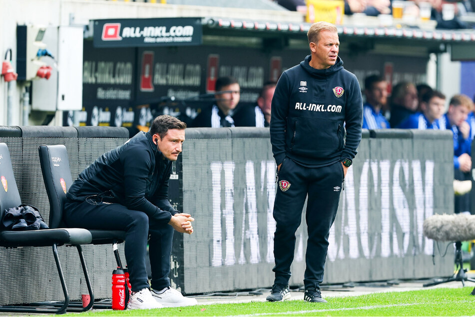 Co-Trainer Florian Junge (36, l.) und Chefcoach Markus Anfang (48) stehen bei Dynamo Dresden aktuell nicht zur Diskussion.