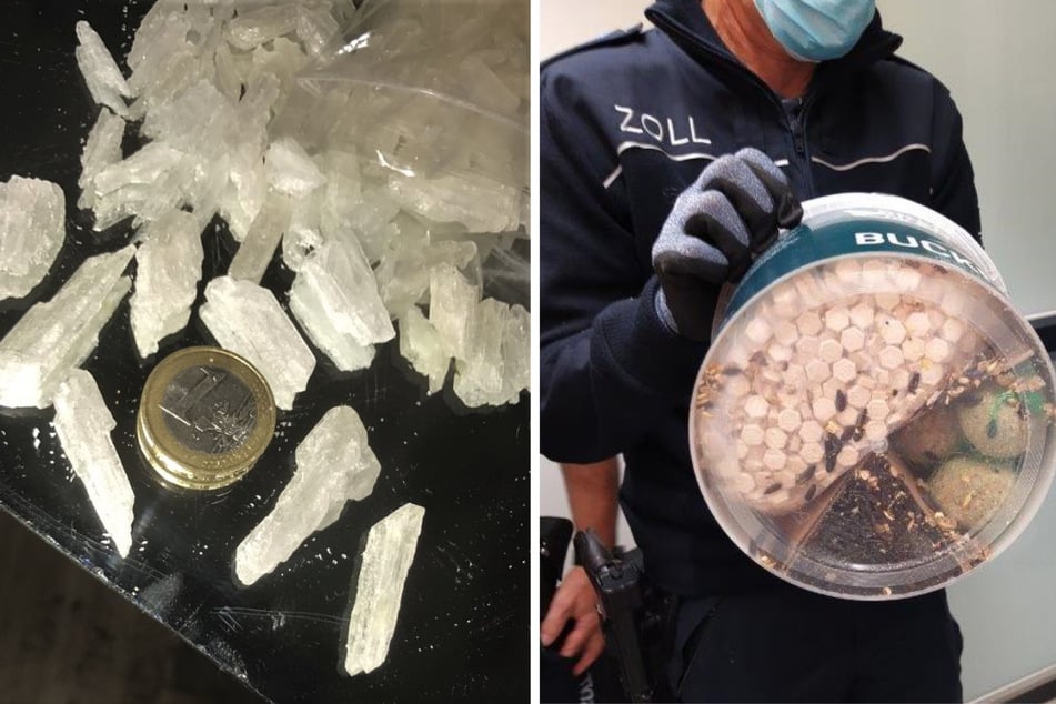 Die Ermittler fanden Crystal Meth (links) und Ecstasy in verschiedenen Verstecken, zum Beispiel einem Behältnis für Vogelfutter (rechts).