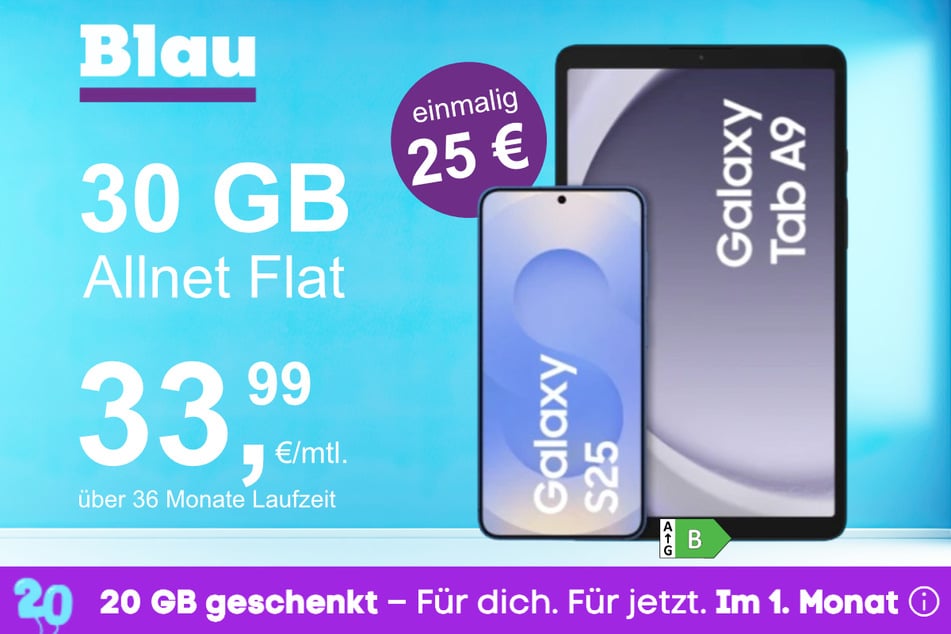 Das Samsung Galaxy S25 + Galaxy Tab A9 im Blau Allnet L für einmalig 25 Euro.