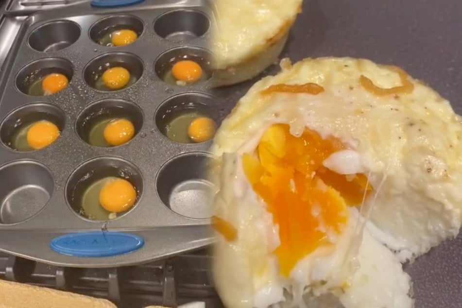 These delicious-looking eggs were baked in the oven (collage).