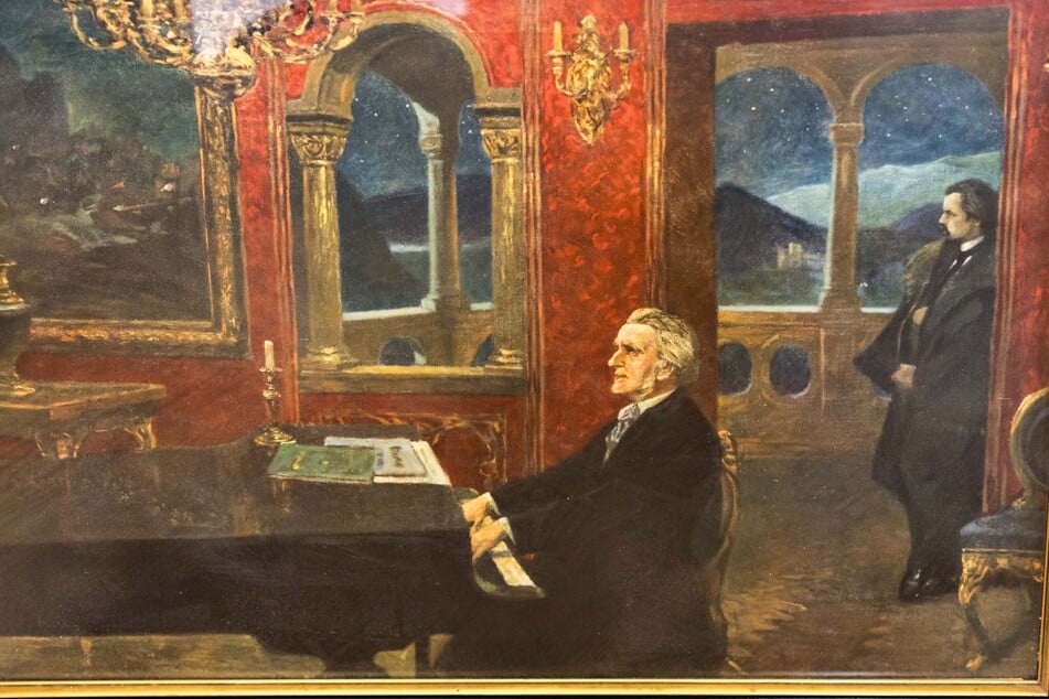 Der Kunstdruck zeigt Richard Wagner und Ludwig II. von Bayern auf Schloss Neuschwanstein. Das Original-Gemälde stammt von Ferdinand Lemke und entstand um 1932.