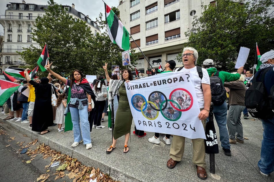 Protesters call for the exclusion of Israel from the 2024 Summer Olympics in Paris, France.