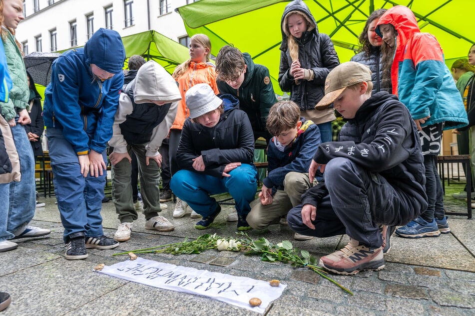 Die Schüler der Montessori-Schule Chemnitz sind Paten des Steins für Rachela Kupfermünz (†1944).