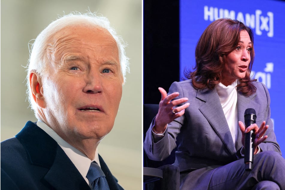 In her upcoming memoir, Kamala Harris (r.) reportedly criticizes Joe Biden's decision to run for reelection during the 2024 presidential race.