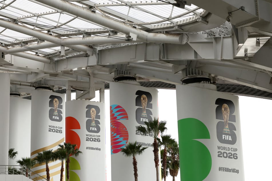 FIFA World Cup signage is pictured at SoFi Stadium in Los Angeles, California, on May 24, 2026.