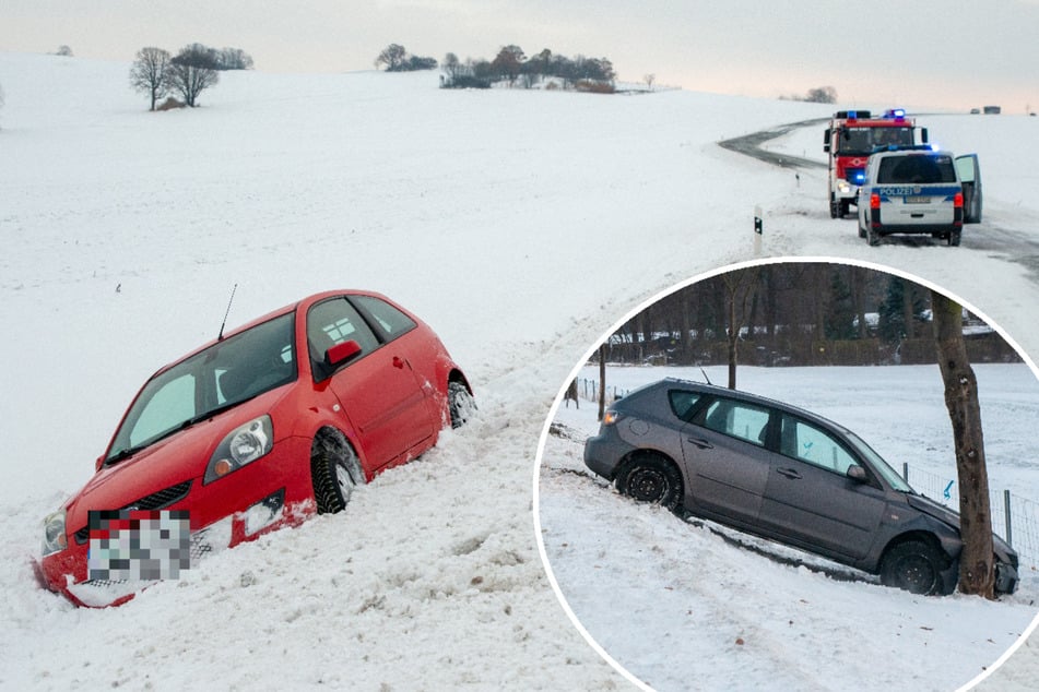 Schneewehen-Unfälle in Ostsachsen: Fahrten enden am Baum und im Graben