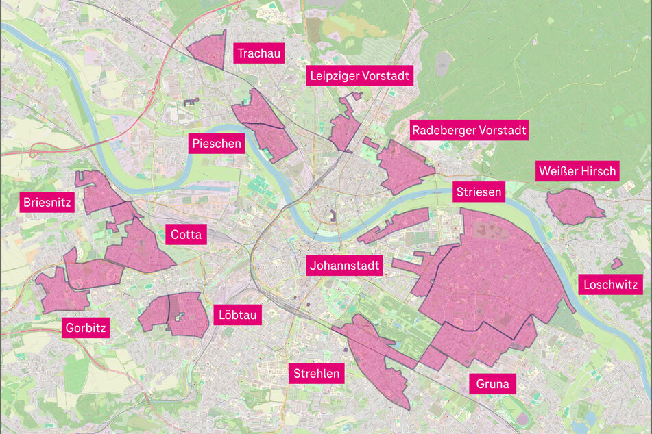 Das sind die Glasfaser-Ausbaugebiete der Telekom in Dresden.