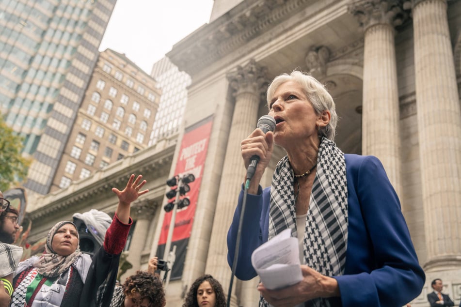 Green Party presidential nominee Dr. Jill Stein speaks at a rally outside the New York Public Library branch on Fifth Avenue calling for the arrest of Israeli Prime Minister Benjamin Netanyahu.