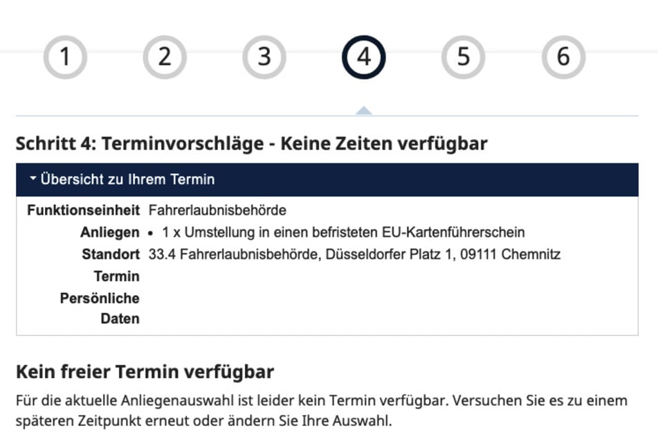 Blick ins Online-Terminportal der Stadt Chemnitz: Für die Umstellung in einen befristeten EU-Kartenführerschein werden aktuell keine freien Termine angezeigt.