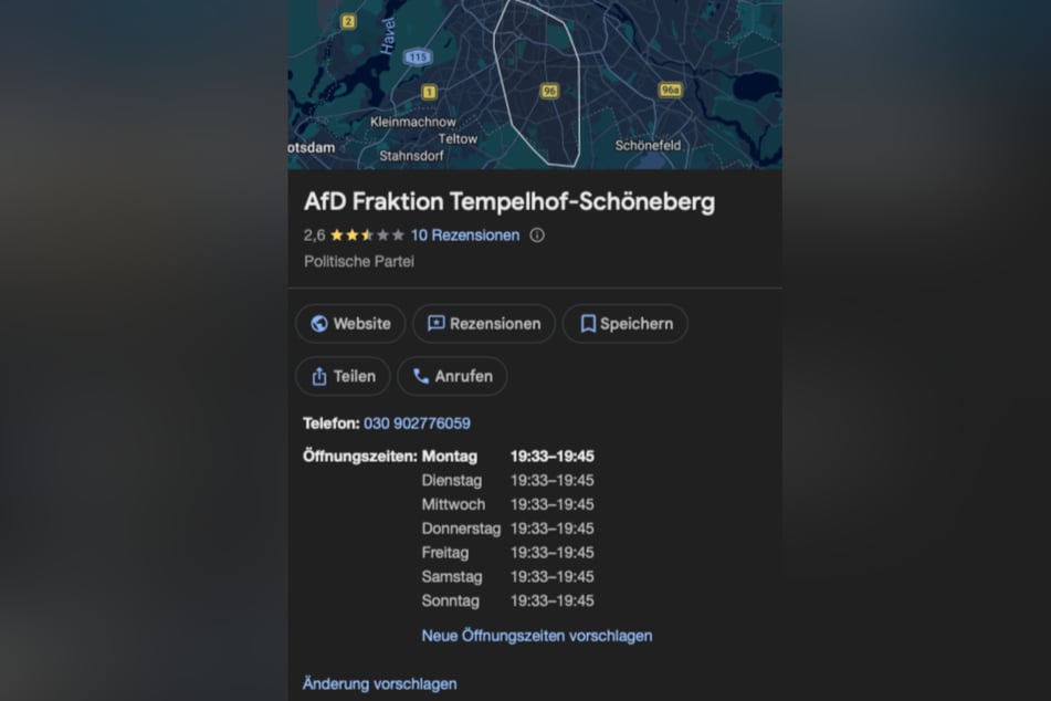 Laut Google hat das Büro der AfD-Fraktion Tempelhof-Schöneberg derzeit täglich zwischen 19.33 Uhr und 19.45 Uhr Minuten geöffnet.