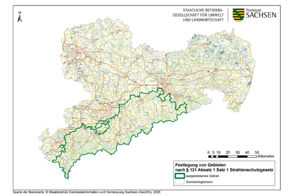 Diese Karte zeigt die Radon-Risikogebiete in Sachsen. Dort müssen vor dem Hausbau einige Schutzmaßnahmen getroffen werden.