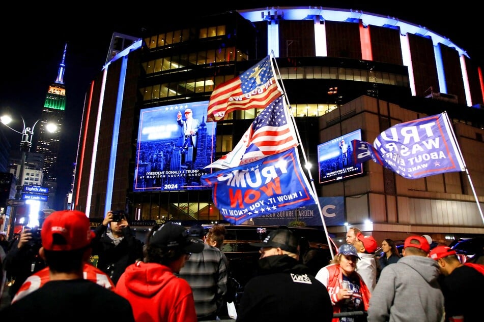 Outside of Madison Square Garden, where Republican presidential candidate Donald Trump holds a campaign rally in New York City on October 27, 2024.