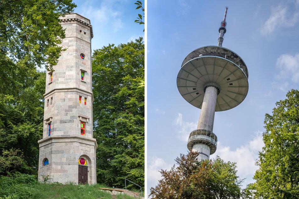 Der Elisabethturm (l.) und ein Fernmeldeturm (r.) stehen auf dem höchsten Berg in Mecklenburg-Vorpommern.