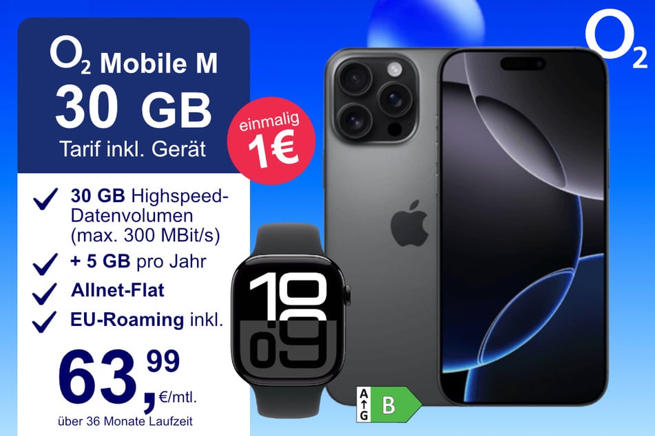 Das iPhone 16 Pro Max + MacBook Air im o2 Mobile M für einmalig 1 Euro.