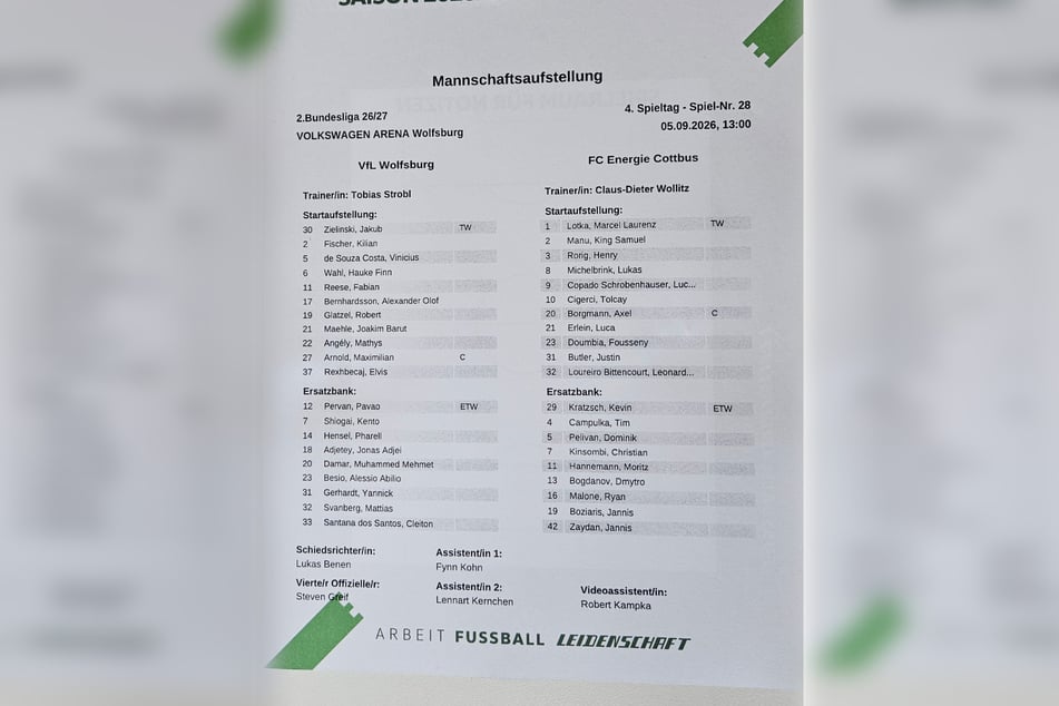 So bestreiten Wolfsburg und Cottbus die Partie.