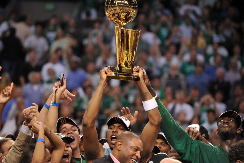 Boston Celtics celebrate after defeating the Los Angeles Lakers in the 2008 NBA Finals.