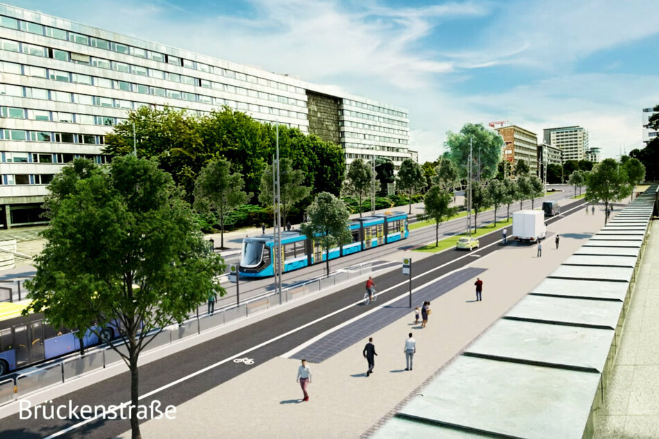 Mehr Bahnverkehr in der Chemnitzer Innenstadt: So soll die Brückenstraße in einigen Jahren aussehen.