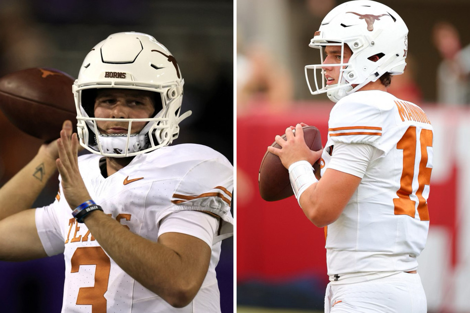 The Texas Longhorns coach has opened up about the relationship between Quinn Ewers (l.) and Arch Manning ahead of Saturday's spring game.
