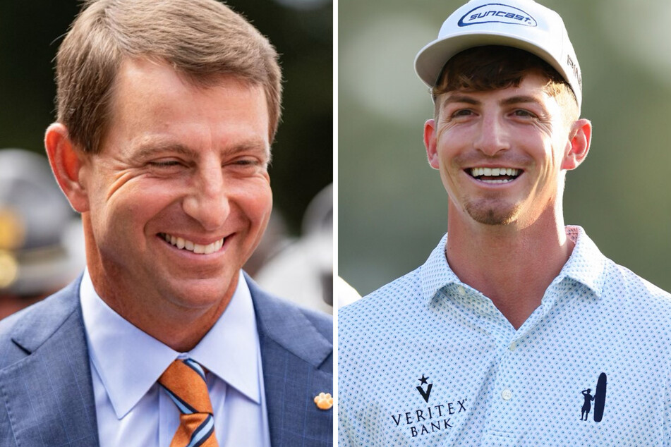 Clemson football head coach Dabo Swinney (l) strongly resembles amateur golfer Sam Bennett.