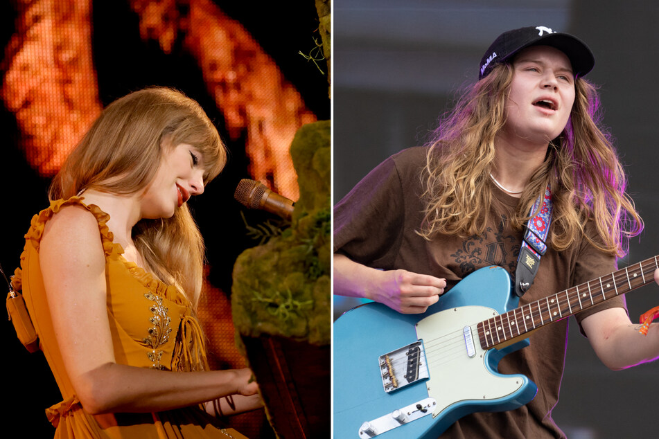 Taylor Swift (l) may play a surprise song from folklore to honor opening act Marie Ulven (r), better known as girl in red.