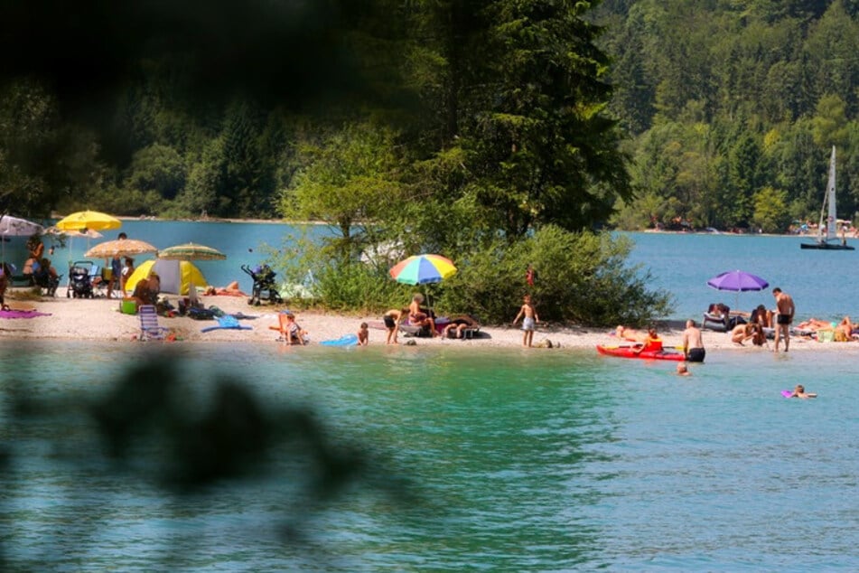Zahlreiche Menschen baden im Walchensee in Bayern.
