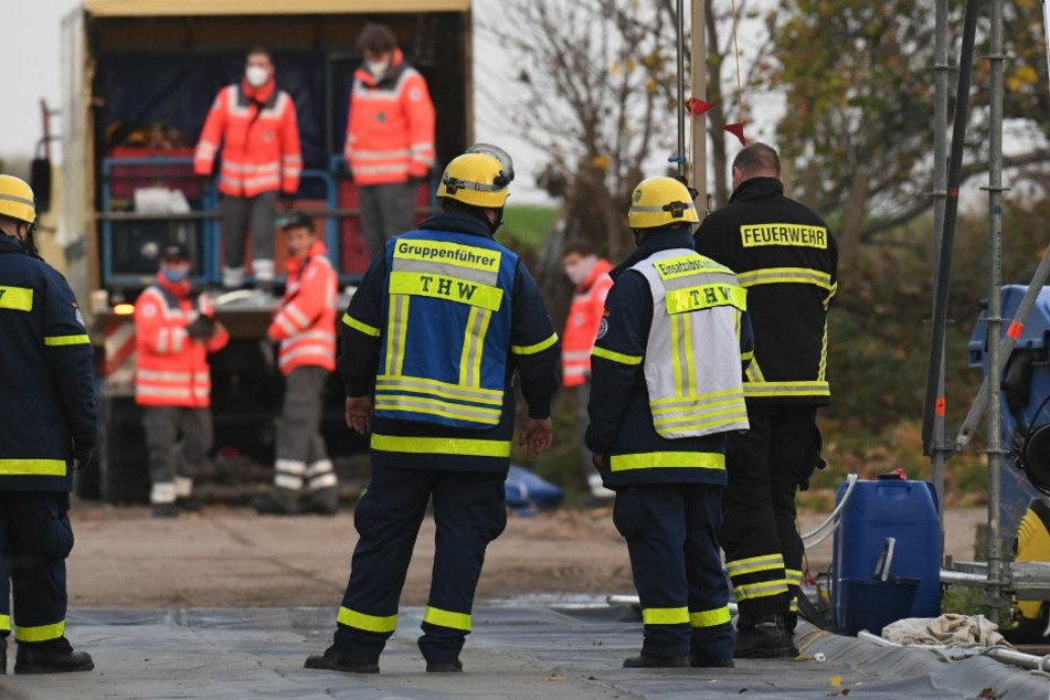 Mitarbeiter des Technisches Hilfswerkes und der Feuerwehr bauen auf dem Gelände eines Geflügelmastbetriebes in Rothenkirchen bei Rambin eine Dekontaminationsschleuse für Fahrzeuge und Personal auf. In der Putenmastanlage sollen 16100 Tiere getötet werden.