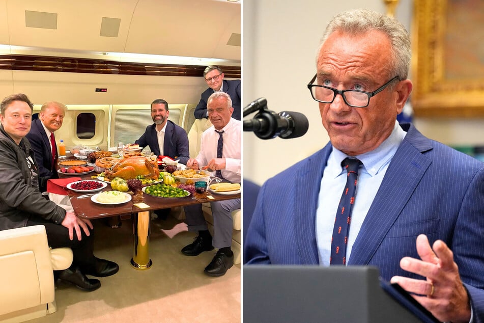Robert F. Kennedy Jr. (r.) recently shared a social media post featuring an image of himself and other politicians enjoying a doctored Thanksgiving feast.