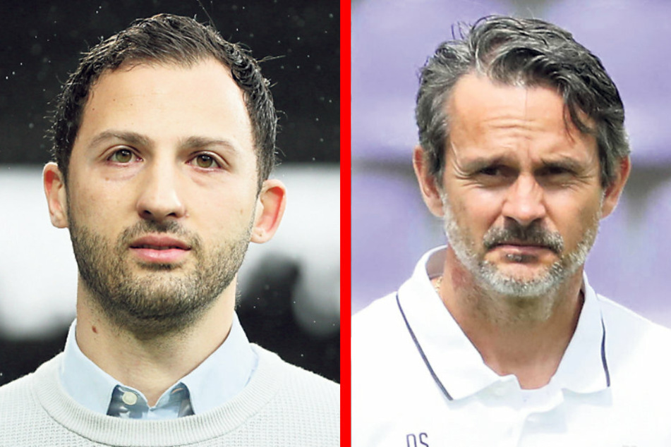 Domenico Tedesco (34, l.) blieb nur elf Partien, holte aber 20 Punkte, rettete Aue und zog nach Schalke weiter. Dirk Schuster (52, r.) ist jetzt der 13. Zweitliga-Coach in Aue.